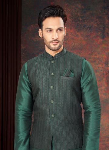 Adorable Green Jacquard Embroidered Kurta Payjama With Jacket for Engagement
