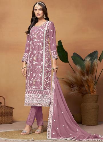 Adorable Mauve Organza Embroidered Pant Style Suit