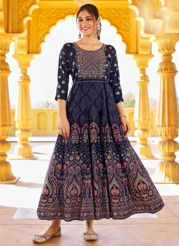 Adorable Navy Blue Rayon Embroidered Readymade Designer Gown