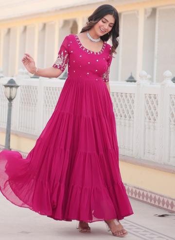Adorable Pink Faux Georgette Embroidered Gown for Festival