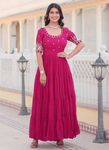 Adorable Pink Faux Georgette Embroidered Gown for Festival