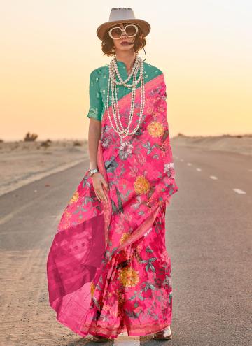 Adorable Printed Tussar Silk Pink Traditional Saree