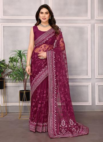 Adorable Wine Net Embroidered Classic Designer Saree for Ceremonial