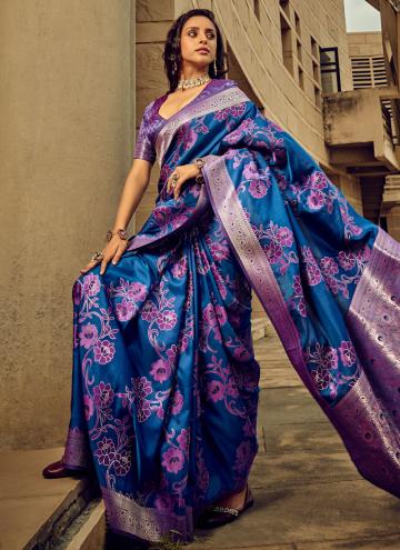 Alluring Blue Brasso Digital Print Trendy Saree for Ceremonial