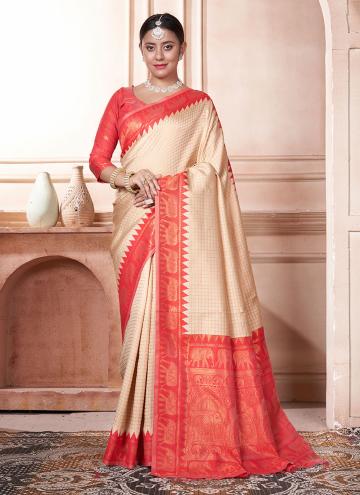 Alluring Cream and Orange Kanjivaram Silk Woven Contemporary Saree for Ceremonial