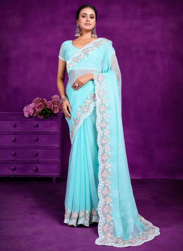 Alluring Firozi Shimmer Embroidered Classic Designer Saree