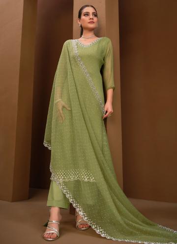 Alluring Green Chiffon Swarovski Trendy Salwar Suit for Ceremonial