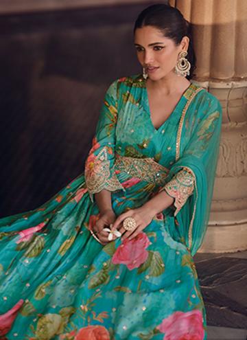 Alluring Green Georgette Embroidered Readymade Designer Gown for Ceremonial