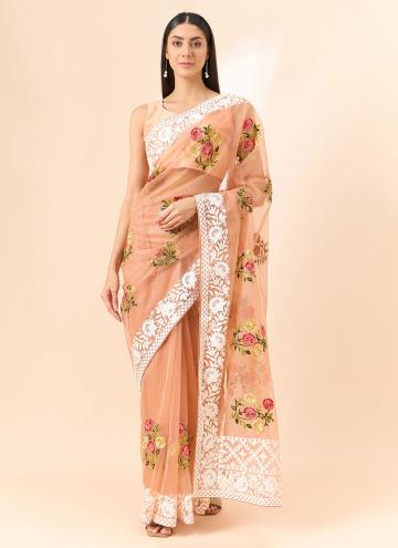 Alluring Peach Organza Floral Print Designer Saree for Ceremonial