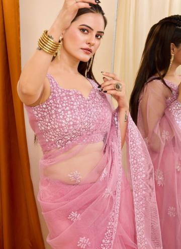 Alluring Pink Net Cutwork Contemporary Saree for Ceremonial