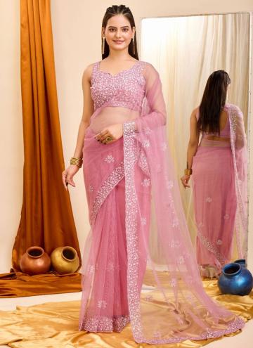Alluring Pink Net Cutwork Contemporary Saree for Ceremonial