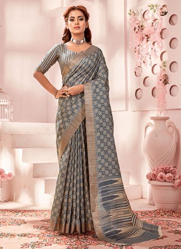 Alluring Printed Handloom Silk Grey Casual Saree
