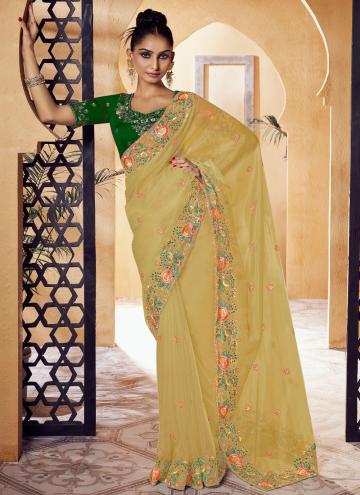 Alluring Yellow Organza Embroidered Trendy Saree