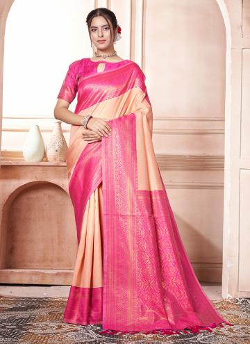 Amazing Peach and Pink Kanjivaram Silk Woven Classic Designer Saree
