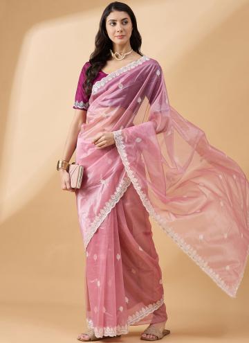 Amazing Pink Organza Embroidered Contemporary Saree for Festival