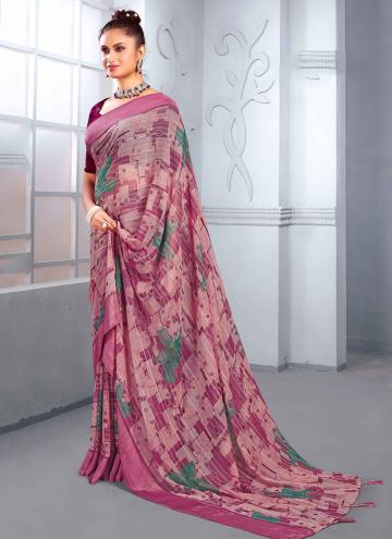 Amazing Pink Satin Silk Foil Print Designer Saree 