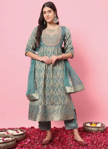 Aqua Blue color Embroidered Cotton Silk Trendy Salwar Kameez