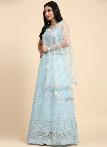 Aqua Blue color Net Designer Gown with Embroidered