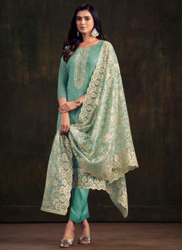 Aqua Blue color Organza Salwar Suit with Embroidered