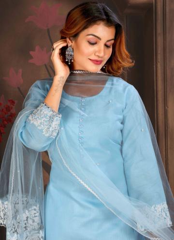 Aqua Blue Cotton  Embroidered Designer Salwar Kameez for Ceremonial
