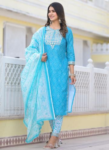 Aqua Blue Designer Salwar Kameez in Cotton  with Embroidered