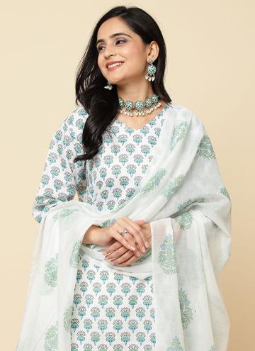 Aqua Blue Salwar Suit in Blended Cotton with Floral Print