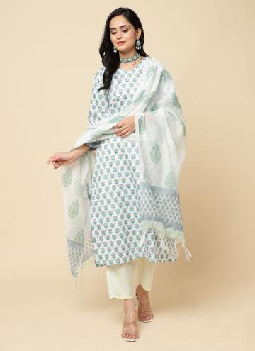 Aqua Blue Salwar Suit in Blended Cotton with Floral Print