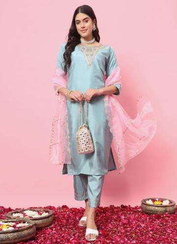 Aqua Blue Silk Blend Embroidered Designer Salwar Kameez for Ceremonial