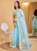 Aqua Blue Silk Embroidered Designer Saree for Ceremonial - 3