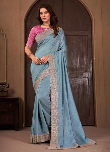 Aqua Blue Trendy Saree in Vichitra Silk with Borde