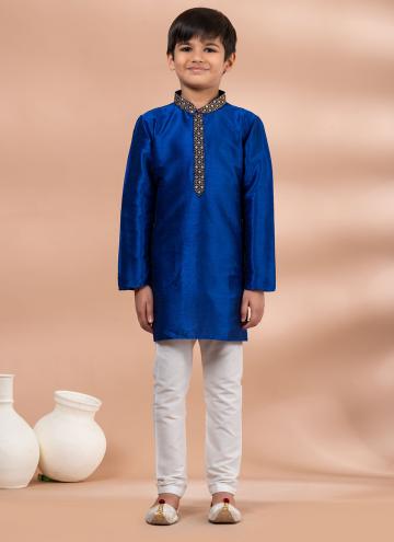 Art Dupion Silk Kurta Pyjama in Blue Enhanced with Plain Work