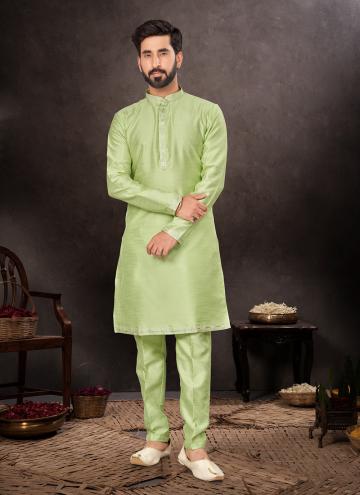 Art Dupion Silk Kurta Pyjama in Green Enhanced wit
