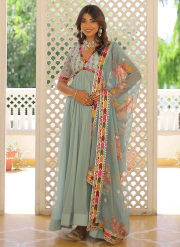 Attractive Aqua Blue Faux Georgette Embroidered Readymade Designer Gown