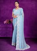Attractive Blue Shimmer Embroidered Trendy Saree - 2