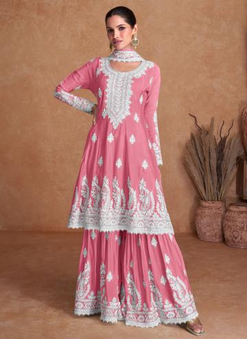 Attractive Embroidered Chinon Pink Designer Palazzo Salwar Suit