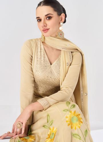 Attractive Embroidered Silk Cream Designer Gown