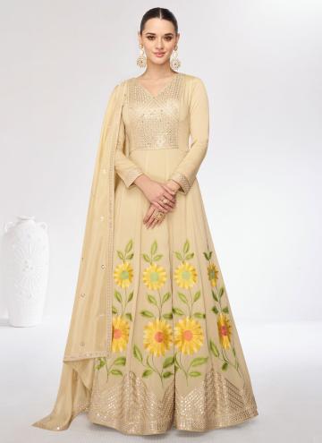 Attractive Embroidered Silk Cream Designer Gown