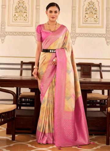 Attractive Fancy work Nylon Pink and Yellow Classic Designer Saree