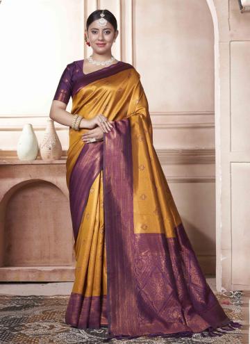 Attractive Gold and Purple Kanjivaram Silk Woven Contemporary Saree