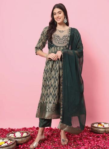 Attractive Green Cotton Silk Embroidered Designer Salwar Kameez for Ceremonial