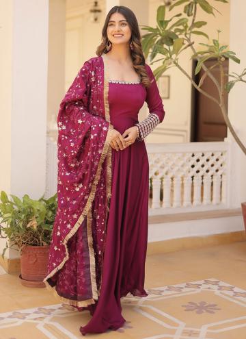 Attractive Magenta Vichitra Silk Embroidered Gown for Ceremonial