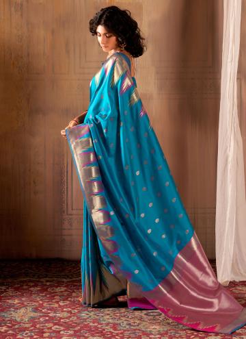 Attractive Teal Banarasi Woven Trendy Saree for Ce
