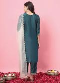 Attractive Teal Silk Blend Embroidered Designer Salwar Kameez - 1