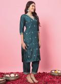 Attractive Teal Silk Blend Embroidered Designer Salwar Kameez - 2