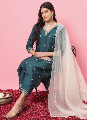 Attractive Teal Silk Blend Embroidered Designer Salwar Kameez