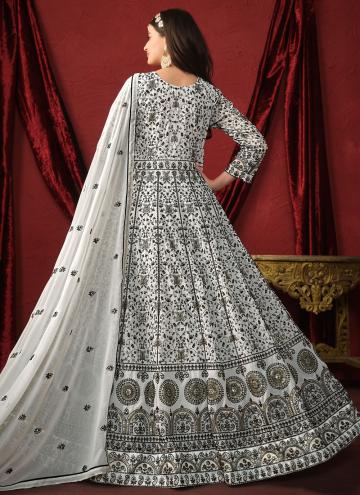 Attractive White Faux Georgette Embroidered Floor Length Suit for Engagement