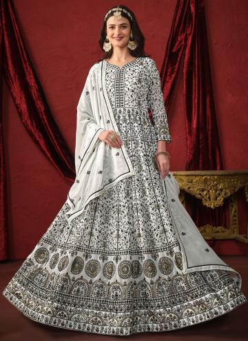 Attractive White Faux Georgette Embroidered Floor Length Suit for Engagement