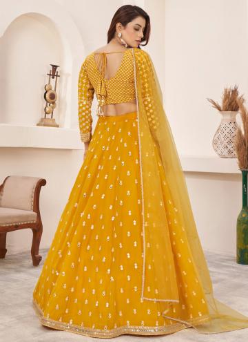 Attractive Yellow Georgette Embroidered A Line Lehenga Choli for Engagement