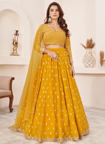 Attractive Yellow Georgette Embroidered A Line Lehenga Choli for Engagement