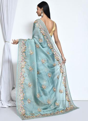 Beautiful Embroidered Organza Turquoise Contemporary Saree